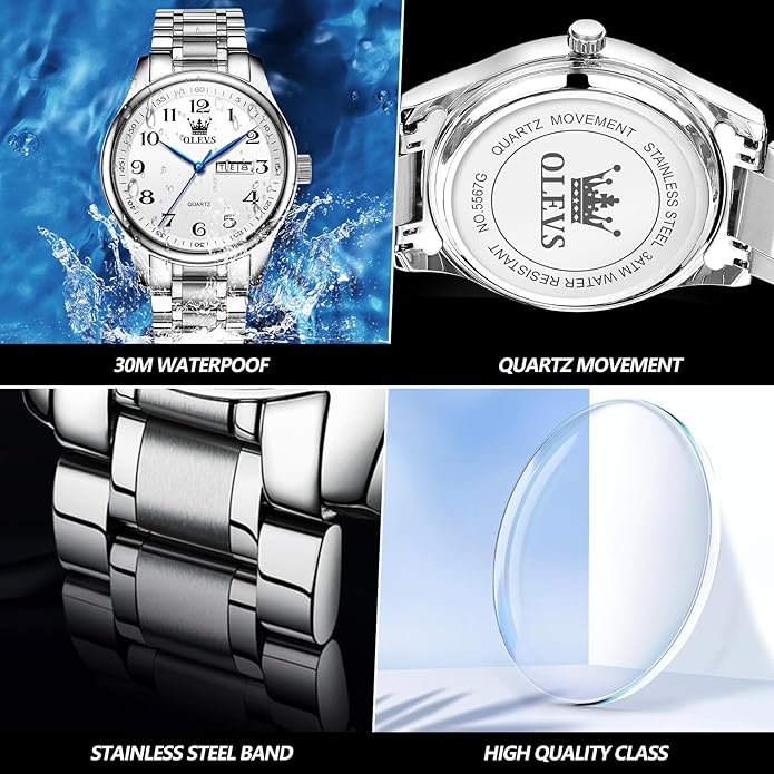 OLEVS Mens Watch Stainless Steel Analog Quartz Watches for Men Day Date Easy Read Diamond Waterproof Dress Luxury Classic Casual Big Face Blue/Black/Gold/Silver Roman Arabic Numerals Men's Wrist Watch