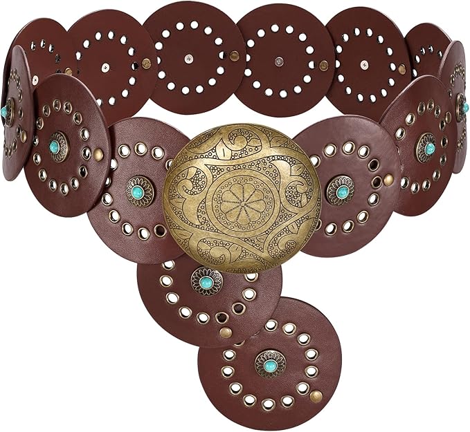 LEACOOLKEY Women's Boho Disc Belt Wide Western Leather Belt Vintage Concho Waist Belts for Dress Jeans