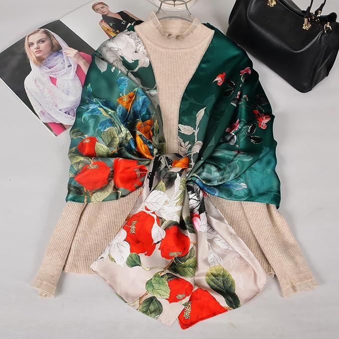 100% Mulberry Silk Scarf for Women Neck Oblong Headscarves Long Floral Print Lightweight Silk Wraps Shawls 67"*20"
