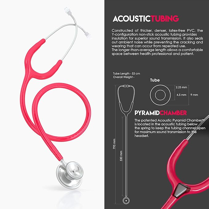 MDF Instruments, Acoustica Lightweight Stethoscope for Doctors, Nurses, Students, Home Health Use, Adult, Dual Head, Raspberry Tube, Silver Chestpiece-Headset, MDF747XP23