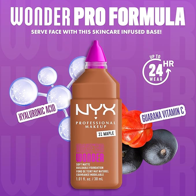 NYX PROFESSIONAL MAKEUP Make 'Em Wonder Liquid Foundation, 24HR Foundation Makeup With A Soft Matte Finish, Buildable Full Coverage - 31 Maple