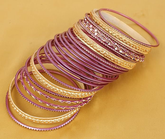Touchstone Indian Metal Bangles for Women Gold Alloy Bracelets desi 2 Dozen Bangle Collection Bollywood Women's Jewelry Set Multi Stacking Wide Chunky Textured Golden Set of 24 in Gold or White Tone