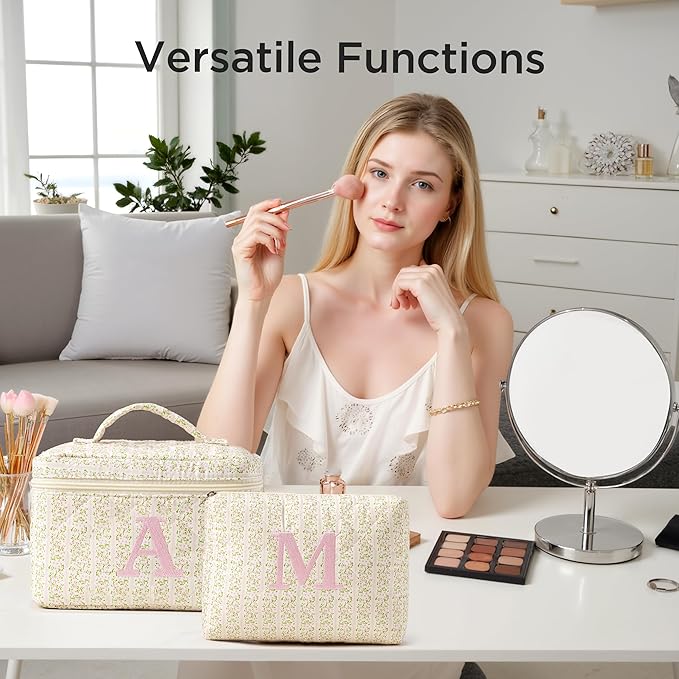 HBselect 2Pcs Initial Quilted Makeup Bag, Pink Cosmetic Travel Toiletry Bag, Flowers Coquette Zipper Make Up Pouch Organizer Teen Girl Gift Trendy Stuff C