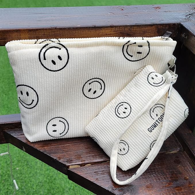 2pcs Cosmetic Bags,makeup bag for women,aesthetic organizer toiletry bags,travel essentials,travel size toiletries,a small make up bag and a big make up bag(smiley face bag)
