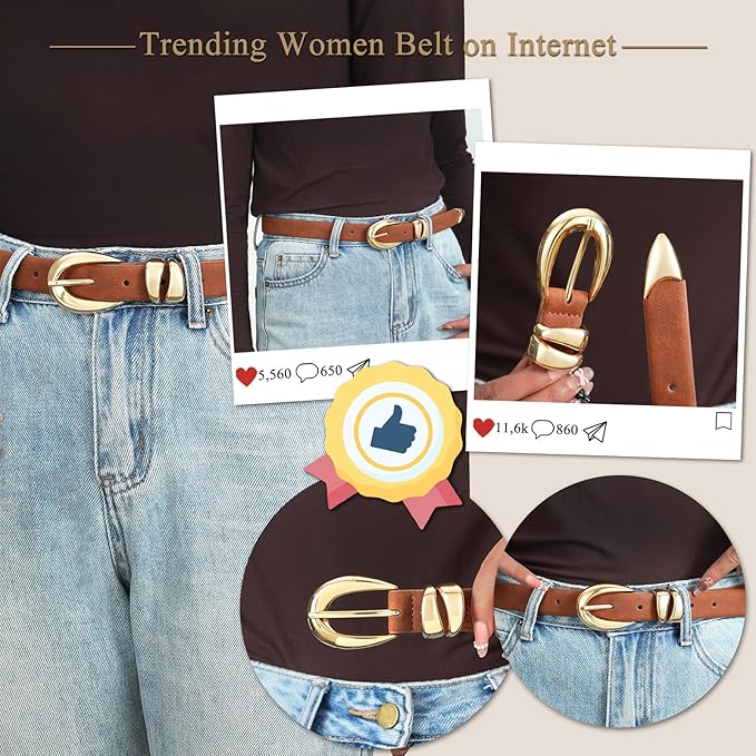 Belts for Women with Gold Buckle – Adjustable Black leather Belt for Jeans, Dress, Pants
