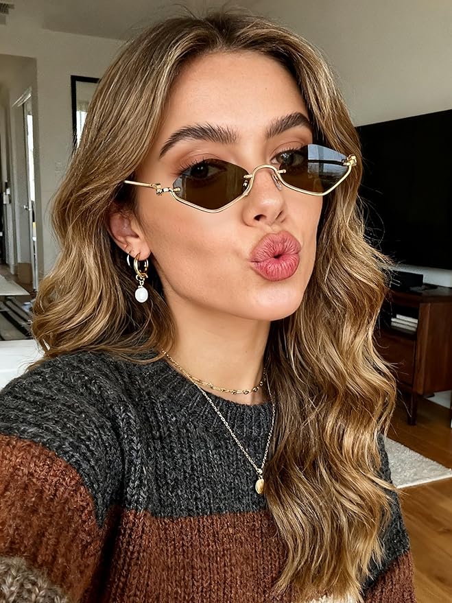 Retro Y2k Sunglasses for Women Men,Trendy Semi-Rimless Sun Glasses Irregular Narrow Gold Sunnies UV400