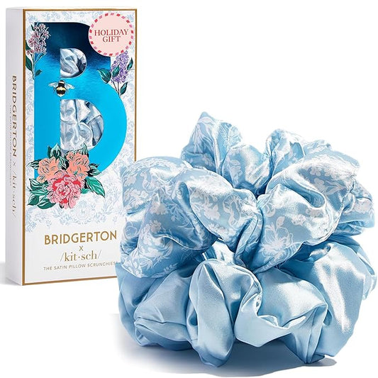 Bridgerton x Kitsch Satin Scrunchies for Women, No Snag, No Tugging, Soft & Comfortable Scrunchies for Girls, Perfect for Day or Night | Ideal Gifts for Women - Toile De Blue, 2pcs