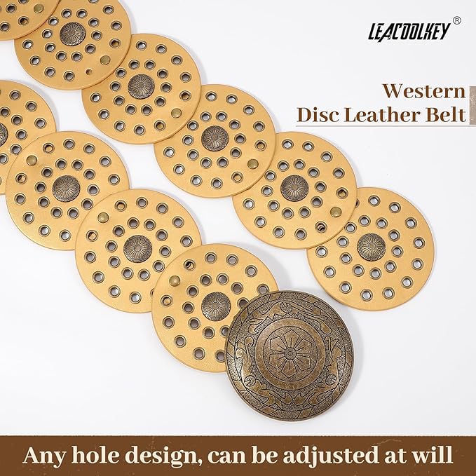LEACOOLKEY Women's Boho Disc Belt Wide Western Leather Belt Vintage Concho Waist Belts for Dress Jeans