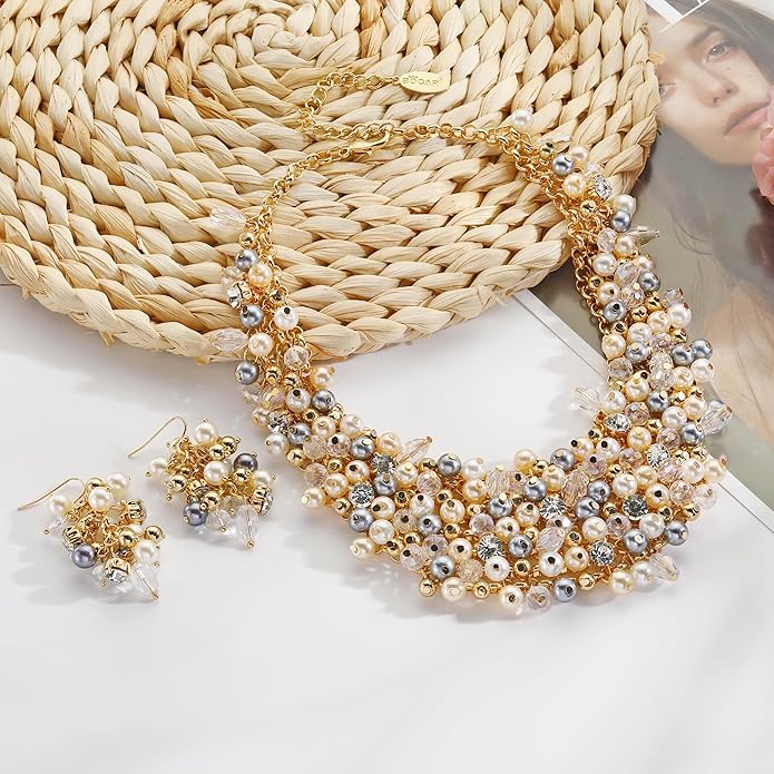 Bocar Fashion Crystal Chunky Collar Statement Necklace Earring Set for Women Gift (NK-10260)