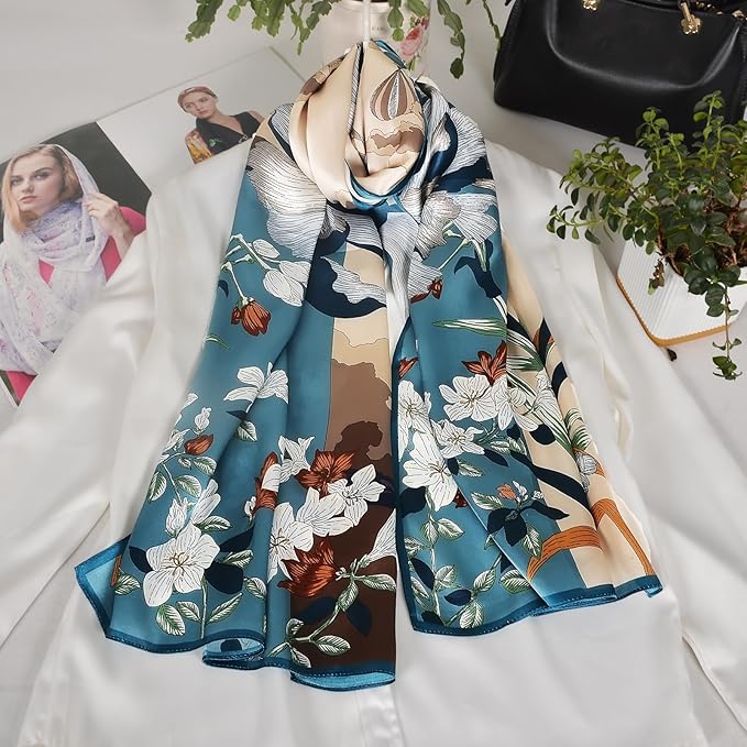 100% Mulberry Silk Scarf for Women Neck Oblong Headscarves Long Floral Print Lightweight Silk Wraps Shawls 67"*20"