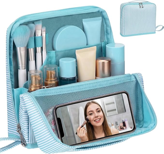Striped Makeup Bag Large Cosmetic Bags for Women Gift with Brush Loops Mesh Pocket Wrist Strap Travel Organizer Storage Pouch Toiletry Case with Divider for Mirror(Summer Blue)