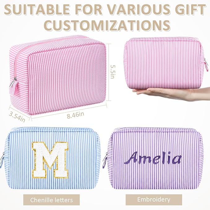 Sanwuta 3 Pcs Seersucker Makeup Bags Seersucker Cosmetic Bags Striped Women Large Travel Toiletry Organizer Preppy Storage Pouch for Embroidery Wedding Bridesmaid Gifts(Pink, Light Blue, Purple)