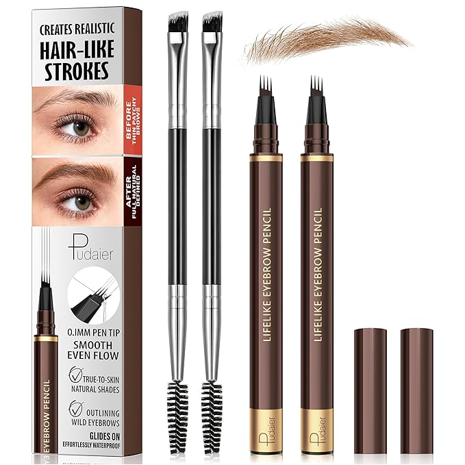 2 Pack 4-Tip Microblading Eyebrow Pen with 2 Brow Brushes, Waterproof Vegan Formula Eyebrow Pencils for Women to Effortlessly Create Natural Hair-Like Strokes, All-Day Wear (Natural Brown)