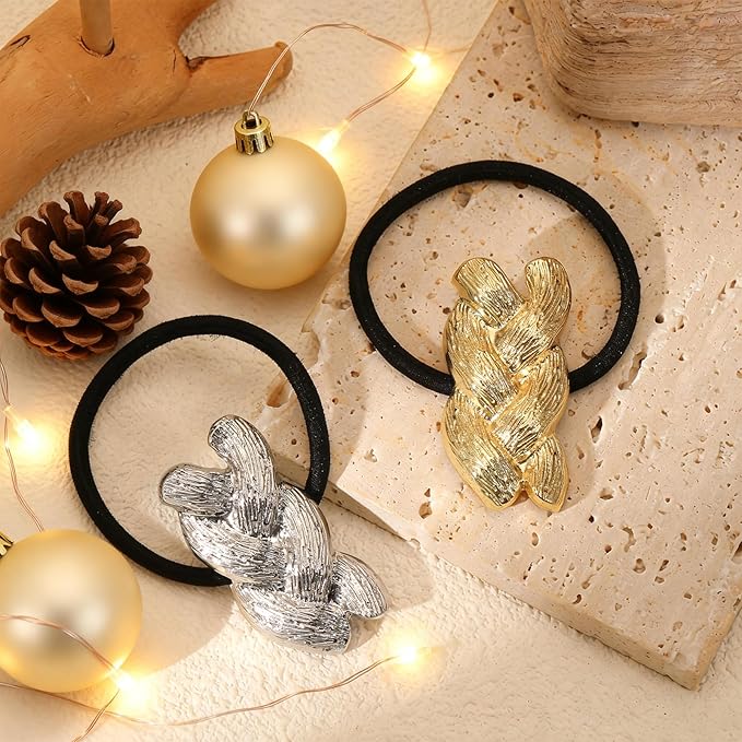 2 PCS Metal Hair Ties for Braids, Elastic Pony Tails Hair Ties for Thick Thin Hair, Elegant Braided Pony Cuff, No Damage Ponytail Cuff Holders, Seamless Hair Accessories, Gold & Silver