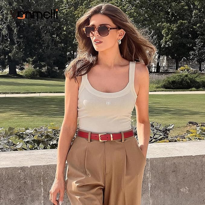VONMELLI Womens Thin Leather Belt for Jeans Pants Dress Fashion Skinny Belt with Gold Buckle for Women
