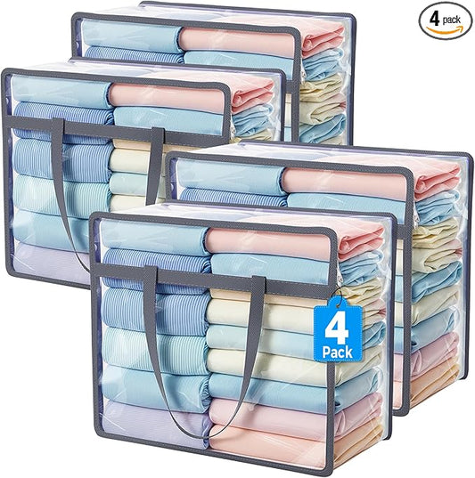 Budding Joy Clear Zippered Storage Bags for Clothes,40L Closet Organizers and Storage Containers Vinyl Moving Bag for Bedding, Linen, Blankets, Comforters, Clothing & Toys, Grey, 4 Pack