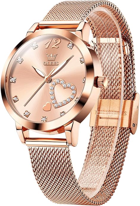 OLEVS Women's Small Wrist Rose Gold Tone Watch - Cute Diamond Heart Arabic Numerals Dial, Fashion Waterproof Mesh Bracelet Analog Dress for Ladies