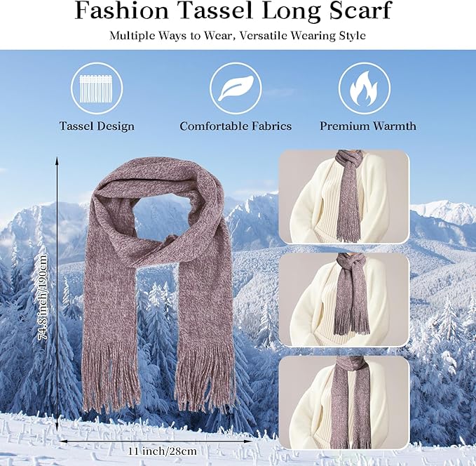 Winter Warm Beanie Hat Touchscreen Gloves Long Scarf Set for Women with Headband, Knit Cap Scarves with Tassel for Women