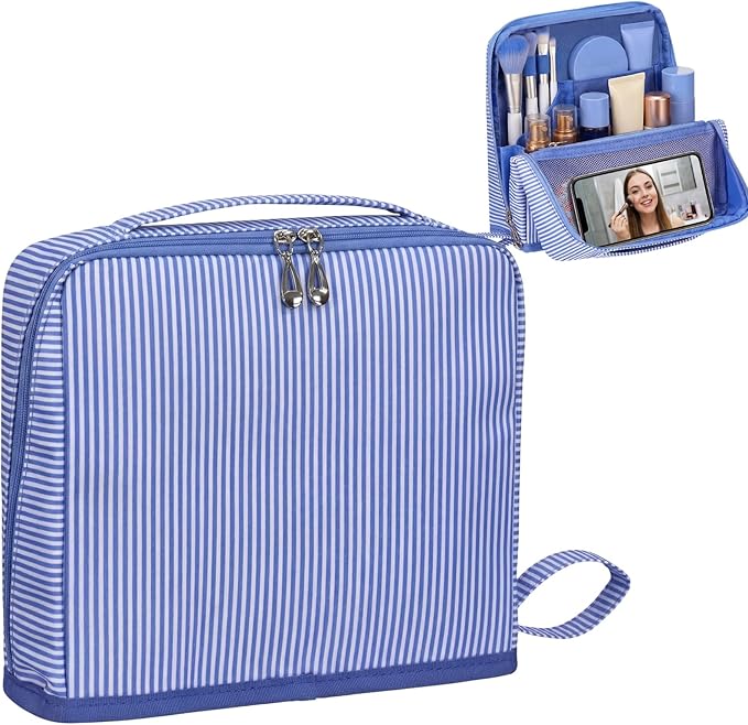 Striped Makeup Bag Large Cosmetic Bags for Women Gift with Brush Loops Mesh Pocket Wrist Strap Travel Organizer Storage Pouch Toiletry Case with Divider for Mirror(Blue)
