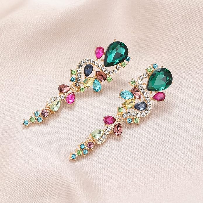 Fashion Rhinestone Statement Drop Dangle Earrings Long Colorful Crystal Bridal Wedding Teardrop Chandelier Earrings for Women Prom Pageant
