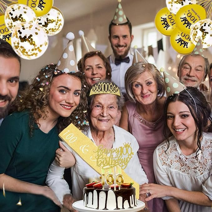 100th Birthday Decorations for Her Girls Set, Include 100th Birthday Crown and 100 Sash, 100th Birthday Cake Topper and 100 Birthday Candles, Gold 100 Balloons, Women 100 Party Supplies(Gold)