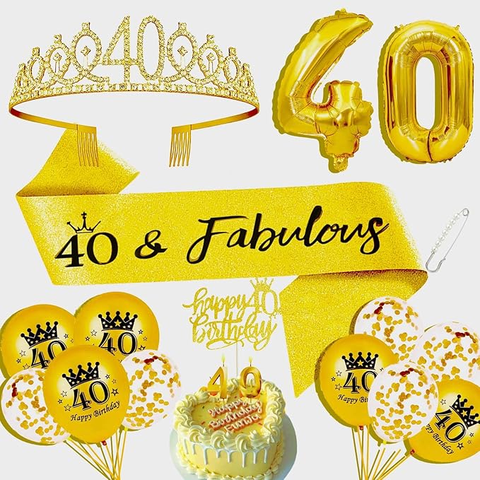 40th Birthday Decorations for Her Girls Set, Include 40th Birthday Crown and 40 Sash, 40th Birthday Cake Topper and 40 Birthday Candles, Gold 40 Balloons, Women 40th Party Supplies(Gold)