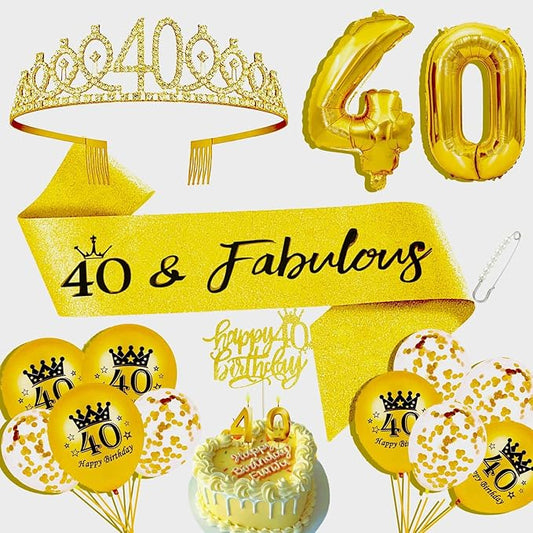 40th Birthday Decorations for Her Girls Set, Include 40th Birthday Crown and 40 Sash, 40th Birthday Cake Topper and 40 Birthday Candles, Gold 40 Balloons, Women 40th Party Supplies(Gold)