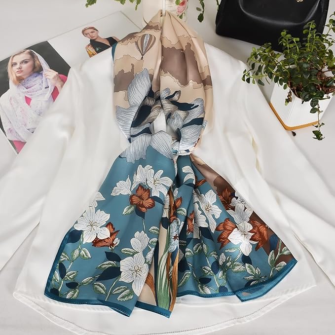 100% Mulberry Silk Scarf for Women Neck Oblong Headscarves Long Floral Print Lightweight Silk Wraps Shawls 67"*20"