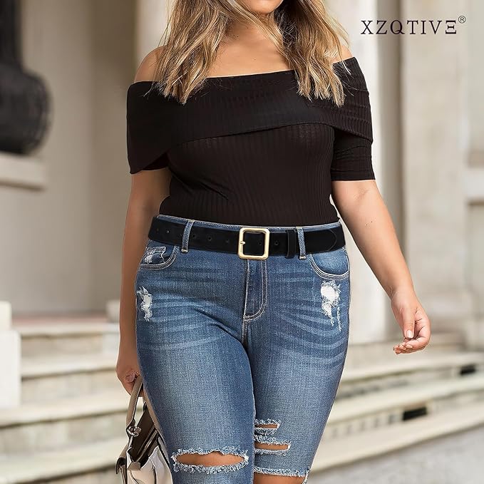 XZQTIVE Women’s Suede Belt for Jeans Pants Dresses Fashion Ladies Dark Brown Belt with Gold Buckle