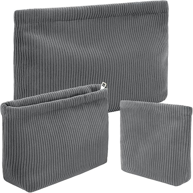 Sanwuta 3 Pack Corduroy Makeup Bag Set Cosmetic Toiletry Travel Pouch Organizer Velvet Makeup Bag for Women Large Pouch Zipper Purse Make up Organizer, Women Girls Gift(Gray)