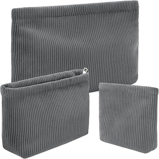Sanwuta 3 Pack Corduroy Makeup Bag Set Cosmetic Toiletry Travel Pouch Organizer Velvet Makeup Bag for Women Large Pouch Zipper Purse Make up Organizer, Women Girls Gift(Gray)