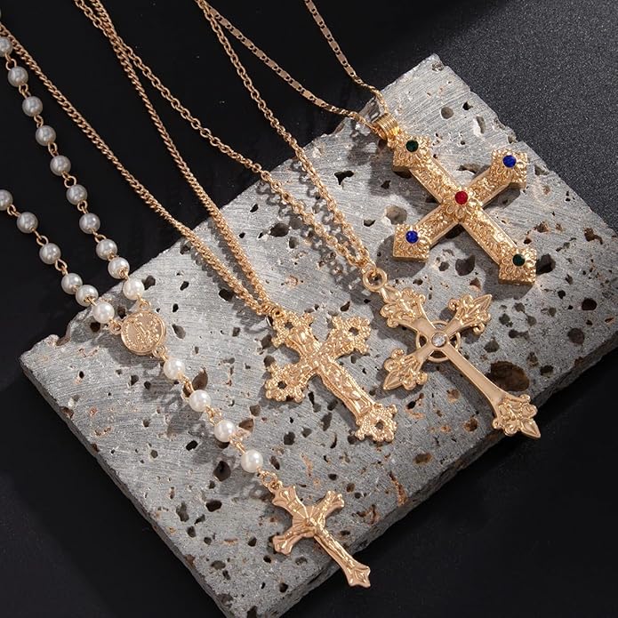 Gold Color Cross Pendant Necklace Set for Women,Dainty Big Crystal Cross Imitation pearl Layered Chain Necklace Summer Party Jewelry