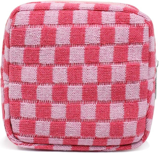 Small Pink Makeup Bag for Purse, Mini Checkered Cosmetic Bag Zipper Cute Make Up Pouch Travel Toiletry Case Quilted Aesthetic Accessories Makeup Storage Bag Organizer for Women Girls