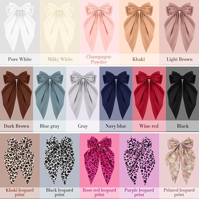 Hoteam 16 Pcs Silky Satin Hair Bows Bulk for Women Large Hair Ribbons Oversized Bows Oversized Long Tail Large Bow-knot Clips Accessories Gifts(Leopard)