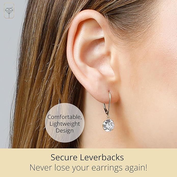 14k Gold Leverback Cubic Zirconia Dangle Earrings | Solid Real White or Yellow Gold Dangle Earrings for Women | 1-8 CT.TW 14k Gold Earrings for Women | CZ Cubic Zirconia Drop Earrings by MAX + STONE