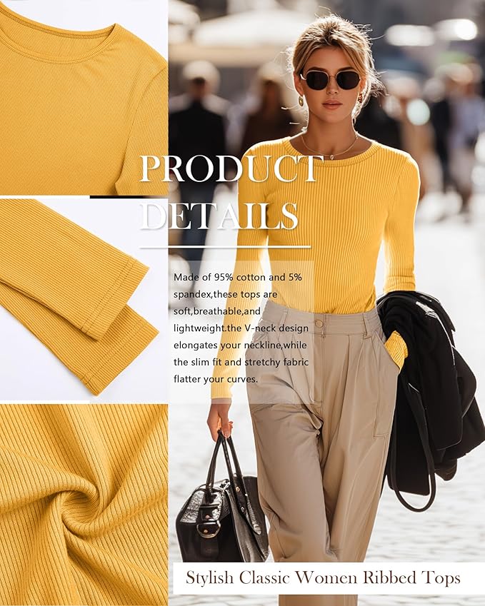 Neer 4 Pack Women's Ribbed Long Sleeve Shirts, Cotton Crew Neck Slim Fit Tops Stretch Knit Casual Base Layer Basic Tee Shirts