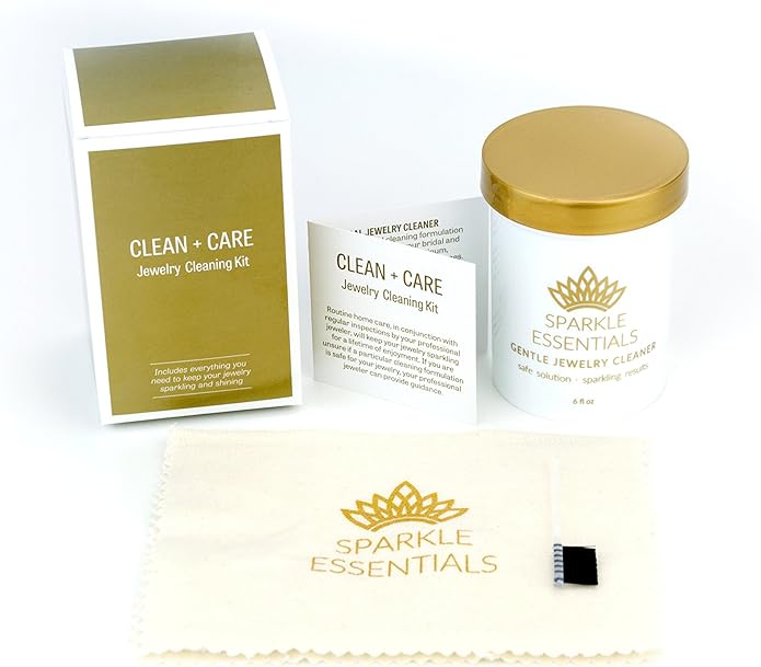 Gentle Jewelry Cleaner Solution Kit: Gold, Sterling Silver, Diamond, Turquoise, Pearl, Earrings, Engagement or Wedding Ring, Fine & Fashion Jewlery, Cleaning Solution, Polishing Cloth, Dipper & Brush