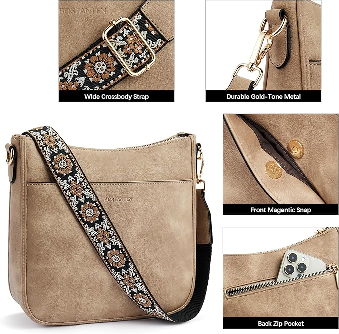 BOSTANTEN Crossbody Bags for Women Trendy Vegan Leather Hobo Purses Shoulder Handbags With Wide Shoulder Strap