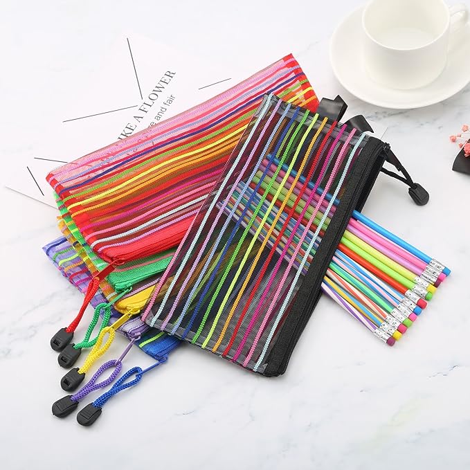 Bememo 12 Pieces 6 Colors Zipper Mesh Pouch Multipurpose Travel Bag for Cosmetics Offices Supplies Travel Accessories