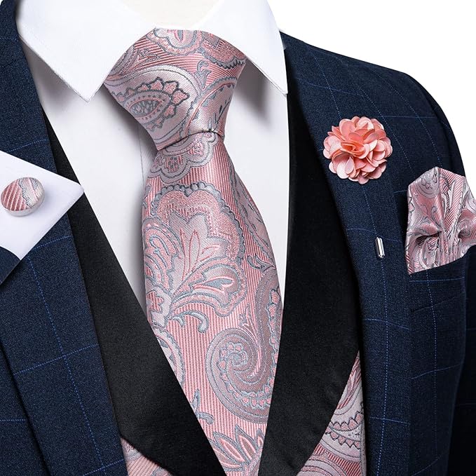 DiBanGu Mens Paisley Suit Vest Silk Jacquard Waistcoat and Necktie Set Formal Shawl Collar Dress Vest 7PCS for Wedding Party