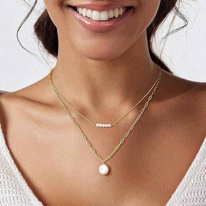 Yoosteel Pearl Necklace for Women - 14K Gold Plated Pearl Pendant Necklaces Minimalist Women Pearls Layered Necklace Dainty Trendy Bridal Bridesmaid Wedding Gifts for Her