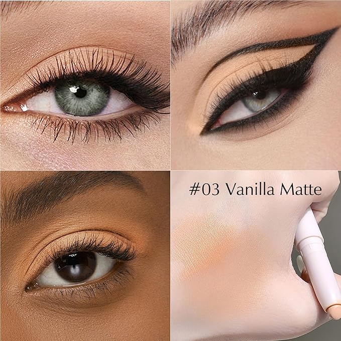 Vanilla Eyeshadow Stick, Matte Cream Eyeshadow Long-Lasting Crease-Proof Eye Shadow Eyeliner Stick High Pigmented Highlighter Makeup Pencil Crayon with Blending Brush & Built-in Sharpener
