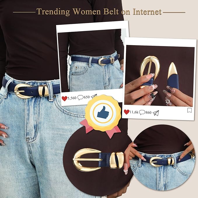 Belts for Women with Gold Buckle – Adjustable Black leather Belt for Jeans, Dress, Pants