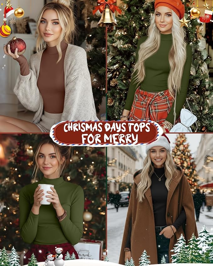 Ficerd 3 Pack Women's Mock Turtleneck Shirts, Long Sleeve Mock Neck Pullover Tops Slim Fitted Stretch Undershirt Tee Blouse