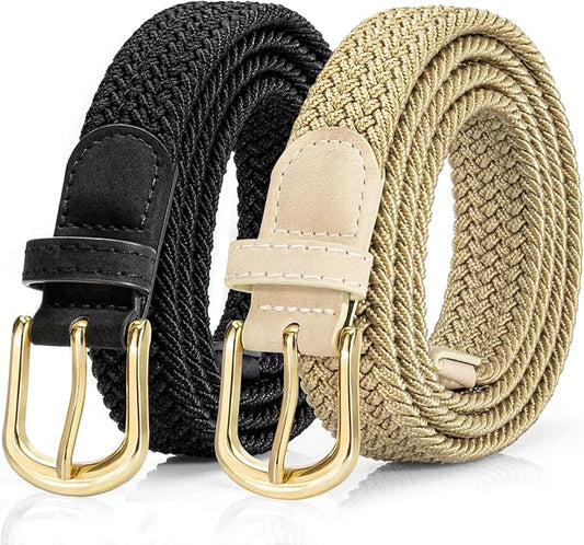 2 Pack Braided Belt for Women, Elastic Woven Stretch Fabric Cloth Belt with Gold Buckle