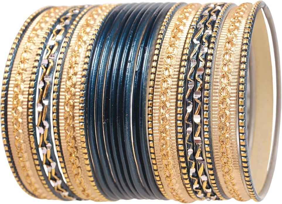 Touchstone Indian Metal Bangles for Women Gold Alloy Bracelets desi 2 Dozen Bangle Collection Bollywood Women's Jewelry Set Multi Stacking Wide Chunky Textured Golden Set of 24 in Gold or White Tone