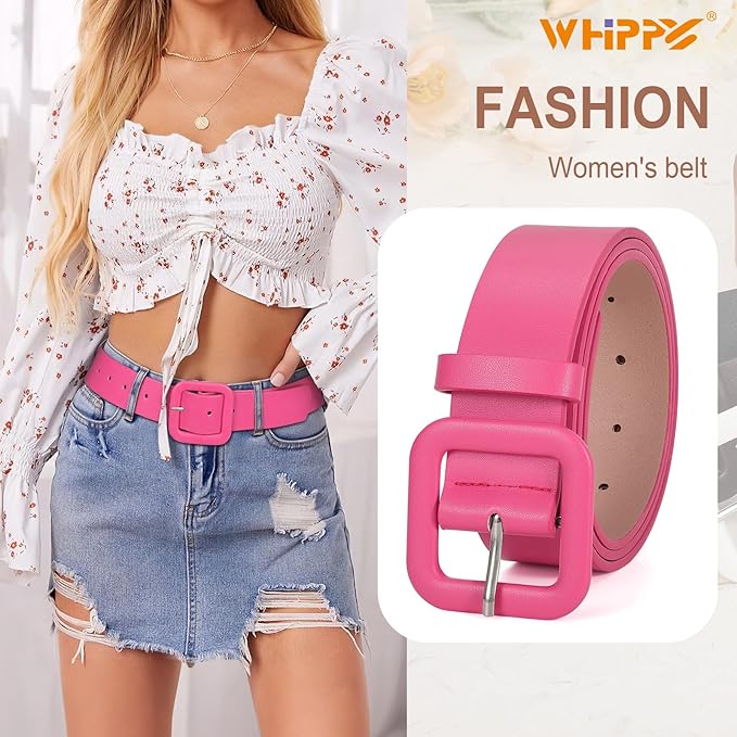 WHIPPY Women Leather Belt Candy Color Fashion Square Buckle Belt Ladies Belt for Jeans Pants Dresses