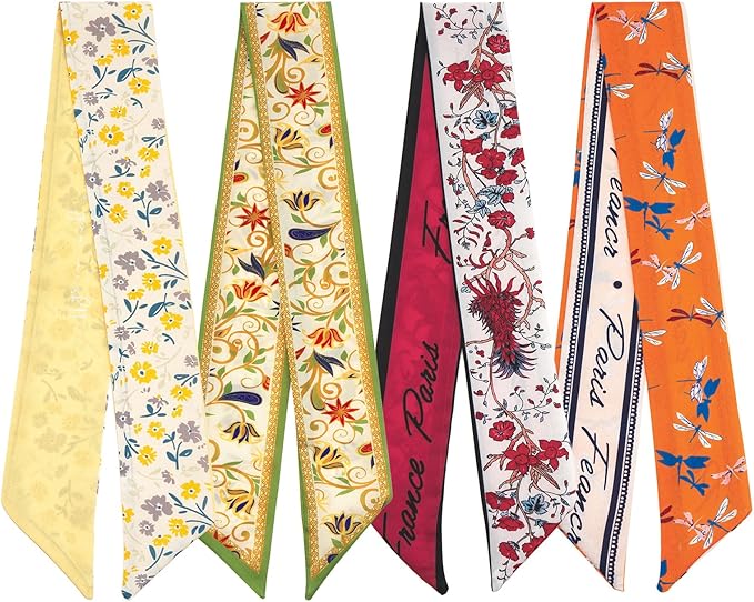 4 Pack Purse Scarf Handbags Skinny Twill Hair Scarves Narrow Neck Scarf Band Women Fashion Accessories Bag Charms