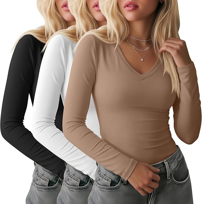 Ficerd 3 Pack Women's Long Sleeve Shirts, V Neck Basic Tees Slim Fitted Casual Fall Tops Going Out Blouses T Shirts