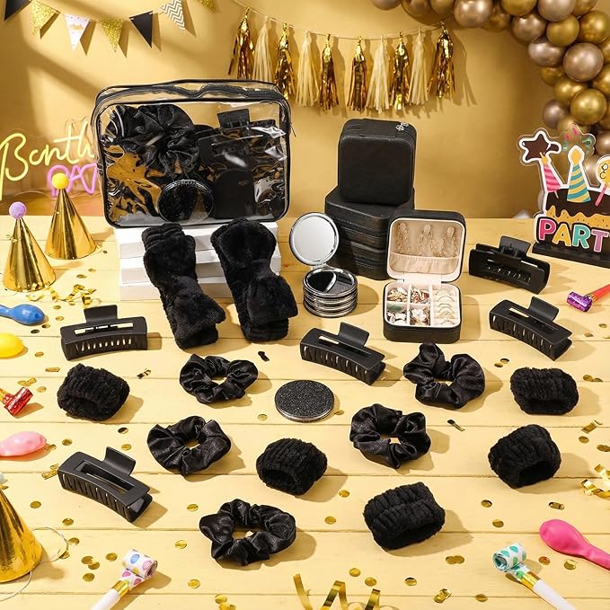 Spa Party Favors Pink Sleepover Party Supplies Bow Headband Wristband Scrunchies Hair Clip Jewelry Case Makeup Bag Mirror for Women Bridesmaid Return Gifts(Black,48 Pcs)